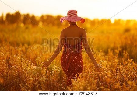 Woman In A Hat Walking Through Fields Of Flowers