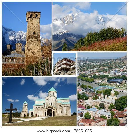 Collage Of Popular Georgia Touristic Landmarks, Unesco Heritage - Ushguli Village,Tbilisi, Kutaisi