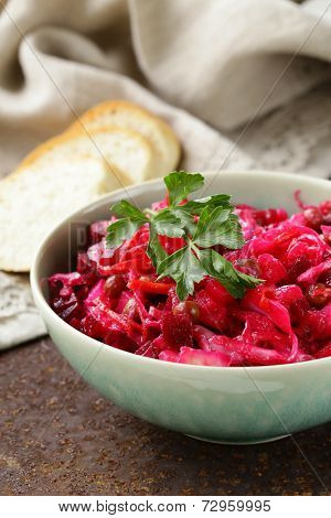traditional Russian salad of beetroot and pickled cabbage (vinigret)