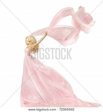 Woman Beauty Fashion Dress, Girl In Silk Gown Waving On Wind Fabric, Model With Long Flying