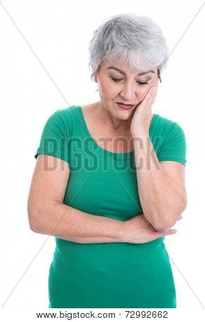Senior woman feeling toothache or thinking about her sad life.