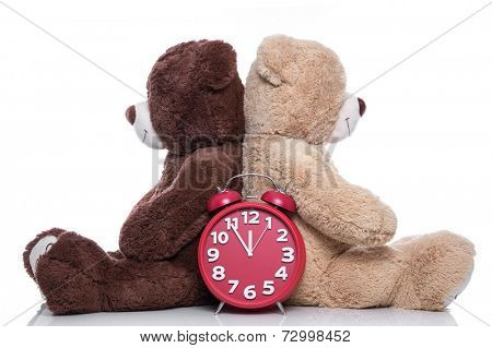 Teddy bears back to back: time to change - problems in partnership - man and woman isolated