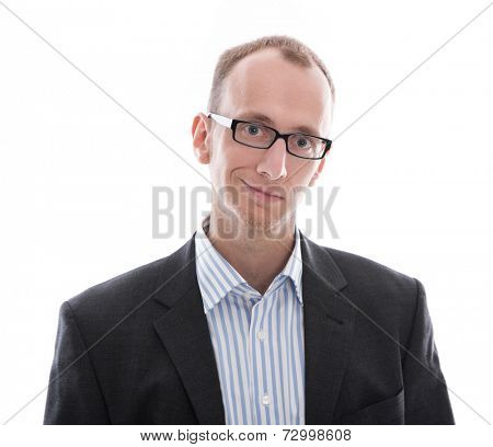 Young manager wearing glasses smiling at camera,  kind nerd isolated on white background