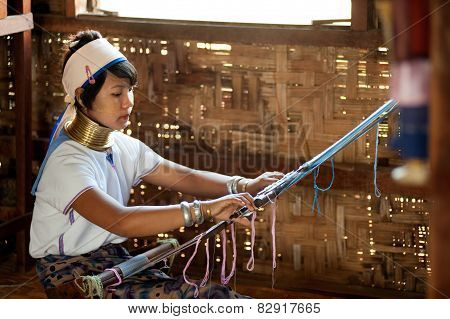 Portrait Of Kayan Lahwi  Girl Is Weaving.