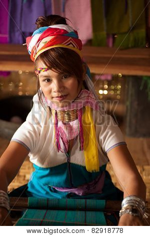 Portrait Of Kayan Lahwi  Girl Is Weaving.