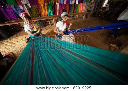 Two Kayan Lahwi Girls are Weaving.