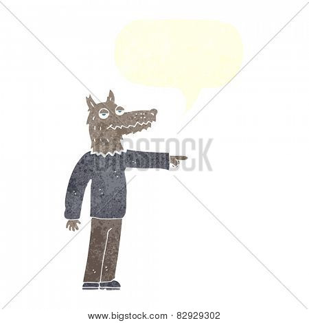 cartoon wolf man pointing with speech bubble