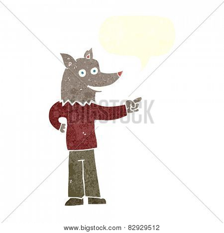 cartoon wolf man pointing with speech bubble