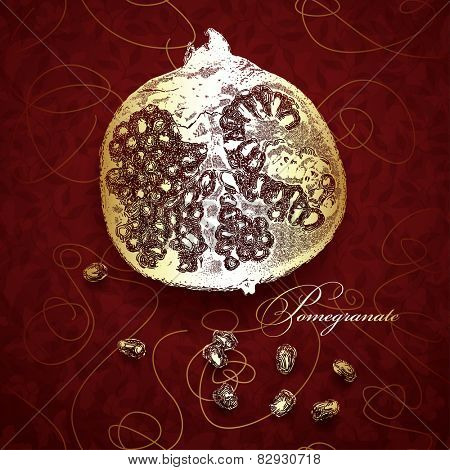 Pomegranate, vector illustration. Golden shape over red background - gold can be printed over whole design (overprint)