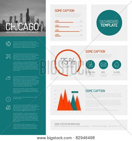 Simple infographic dashboard template with flat design graphs and charts - teal and red version