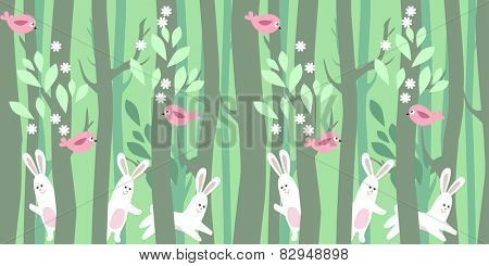 Seamless horizontal pattern with rabbits and trees in spring forest
