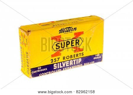 Hayward, CA - February 10, 2015: old box of Western Super-X, 257 Roberts caliber with Silvertip bullets ammunition  isolated on white