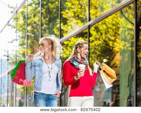 Two women friends walking down the street with shopping bags