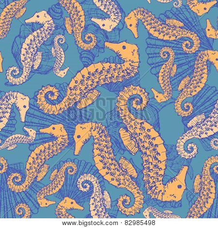 Sketch Seahorse And Shell In Vintage Style