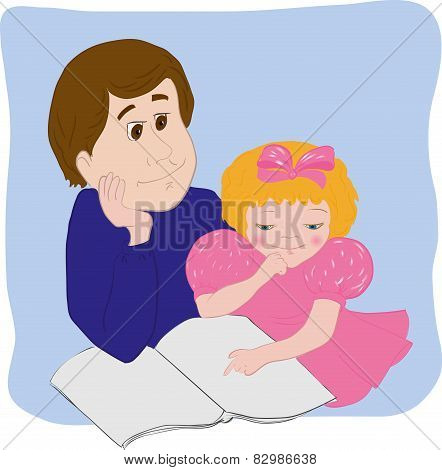 The father teaches the daughter to read.