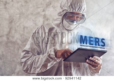 Medical Scientist Reading About Mers Virus On Figital Tablet Computer