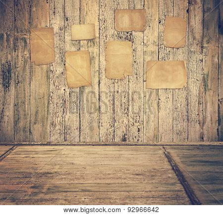 grunge interior with old papers on walls, retro filtered, instagram style