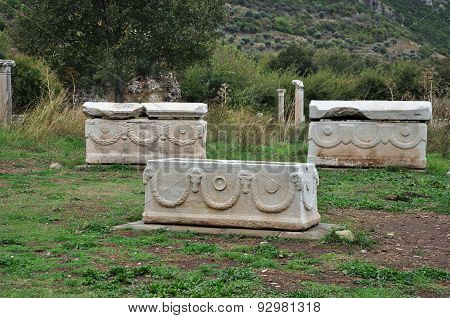 Burial caskets or sarcophagi excavated at Ephesus, Turkey