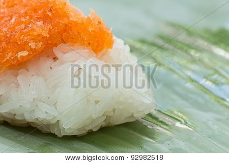 Sticky Rice With Shrimp And Shred Coconut , Wrapped In Banana