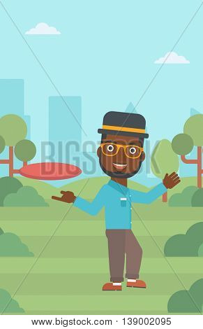 An african-american man playing flying disc in the park. Man throwing a flying disc. Sportsman catching flying disc outdoors. Vector flat design illustration. Vertical layout.