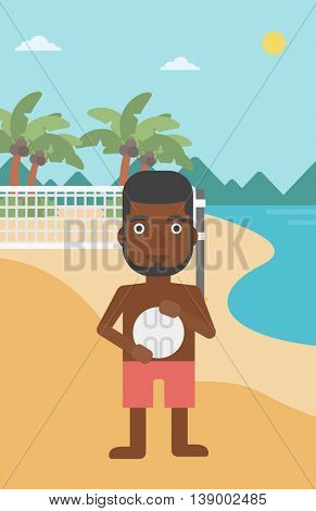 An african-american sportsman holding volleyball ball in hands. Beach volleyball player standing at the shore with voleyball net. Vector flat design illustration. Vertical layout.