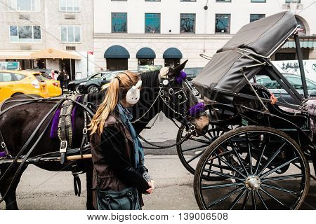 Girl Inf Front Of Horse And Carriage Near Central Park In Manhattan, New York Ciry