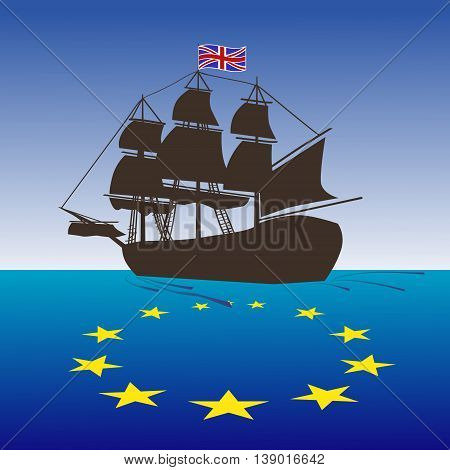 Brexit concept illustration. Vector UK ship leaving EU. United Kingdom leave EU