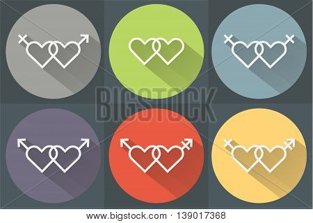 Flat lgbt gender colorfuul hart icons set with flat shadow