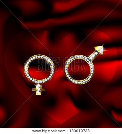 red background and golden pendants female and male