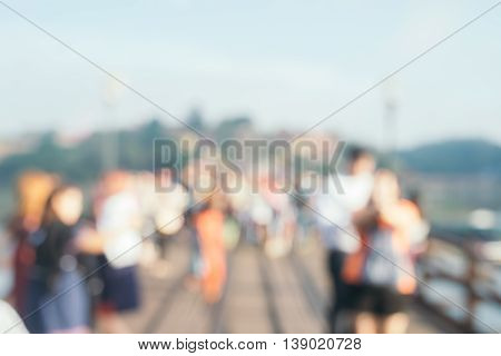 Blurred background : Old Wooden Bridge at Sangkhlaburi Thailand.