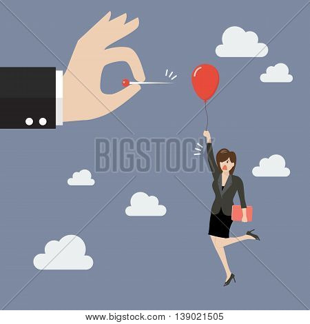 Hand pushing needle to pop the balloon of woman. Business competition concept