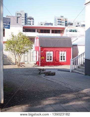 Street view of strange small house of Reykjavik Iceland