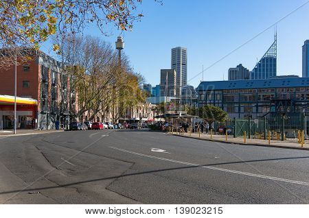 Sydney Australia - Jul 03 2016: Cowper Wharf road with city views and famous Harrys Cafe De Wheels. Woolloomooloo NSW