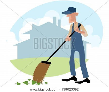 Vector illustration of a janitor sweeping the yard