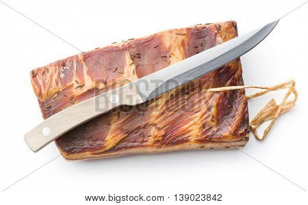 Fresh smooked bacon with knife isolated on white background.