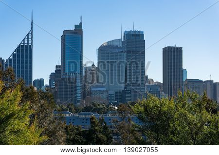 Fingers wharf with Sydney downtown skyline skyscrapers on sunny day