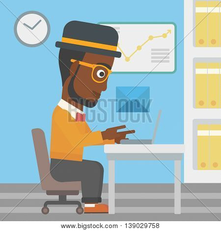 An african-american businessman working on his laptop in office and receiving or sending email. Business technology, email concept. Vector flat design illustration. Square layout.