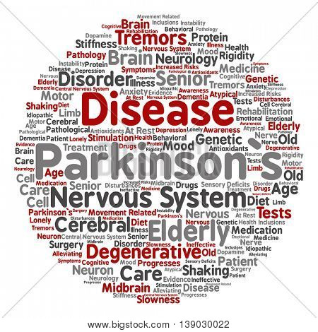 Concept conceptual Parkinson`s disease healthcare or nervous system disorder abstract round word cloud isolated on background