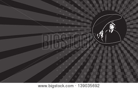 Business card showing illustration of a mobster gangster fly fisherman wearing suit tie and hat fishing casting fly rod set inside circle on isolated background done in retro style.