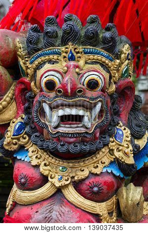 Close up of traditional Balinese God statue in Central Bali temple. Indonesia
