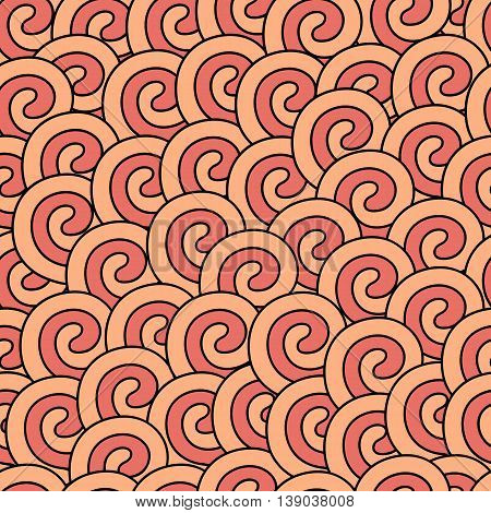Calm red spiral waves abstract seamless pattern.