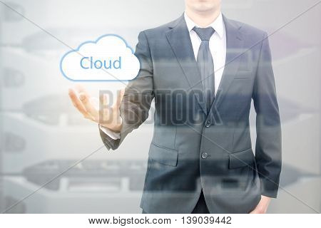Double Expoure Of Cloud Computing Concept On Hand Of A Businessman With Servers Computing Technology