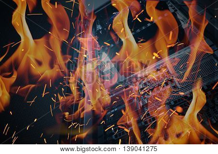 Disaster In Data Center Room Server And Storage On Fire Burning.