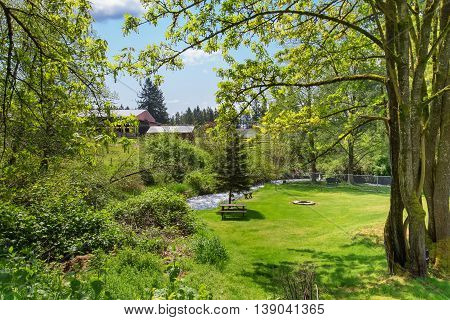 Mountain River View In Grassy Back Yard Of American Rambler