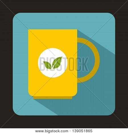 Yellow cup of tea icon in flat style on a baby blue background