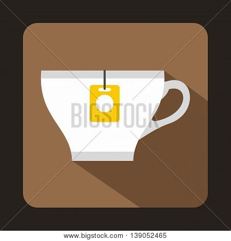 White cup with teabag icon in flat style on a coffee background
