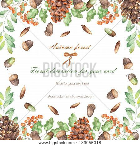Background, template postcard, frame with the watercolor forest plants (oak acorns, fir cones, rowan tree), hand drawn on a white background, greeting card, decoration postcard or invitation