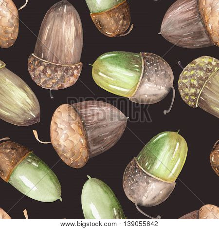 A seamless pattern with a floral ornament of the watercolor forest oak acorns on a dark background