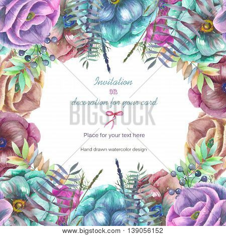 Background, template postcard with the watercolor anemone flowers, fern and branches hand drawn on a white background, background for your card and work