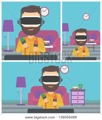 Young man wearing virtual reality headset and holding motion controllers in hands. Hipster man playing video games in apartment. Vector flat design illustration. Square, horizontal, vertical layouts.